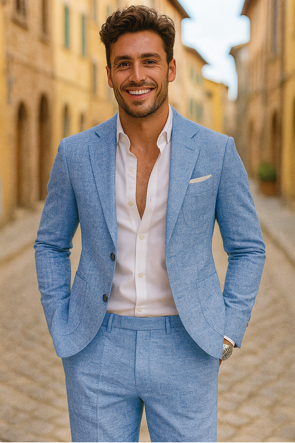 "Abito estivo elegante da uomo in 3 pezzi, tessuto leggero, silhouette aderente, disponibile in beige, blu, marrone chiaro, v