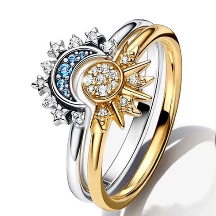 Anello in argento 925 per donna con cristallo, design sole e luna; elegante, celestiale; stile sofisticato, lucente.