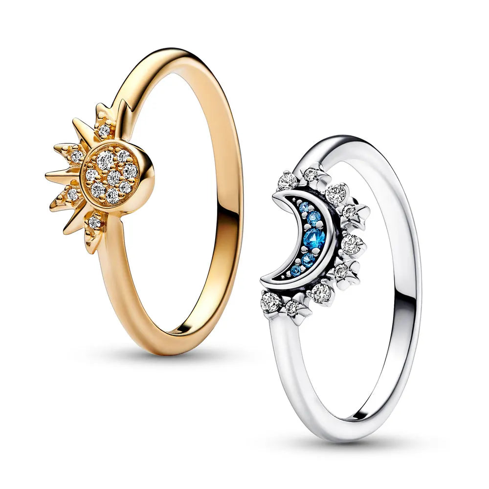 Anello in argento 925 per donna con cristallo, design sole e luna; elegante, celestiale; stile sofisticato, lucente.