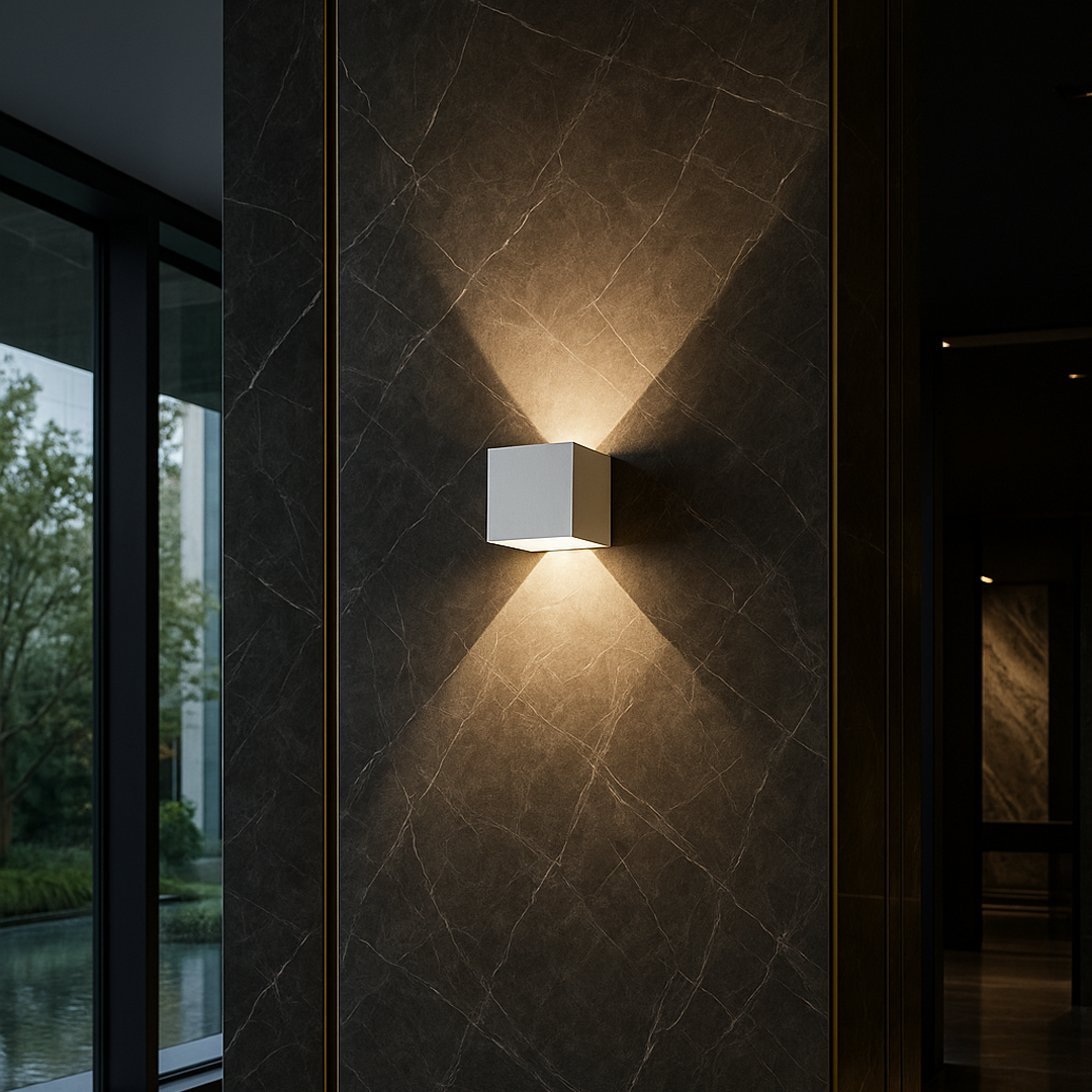 Applique LED moderna in alluminio, design minimalista, luce calda, 10x10 cm, per interni ed esterni, colore nero.
