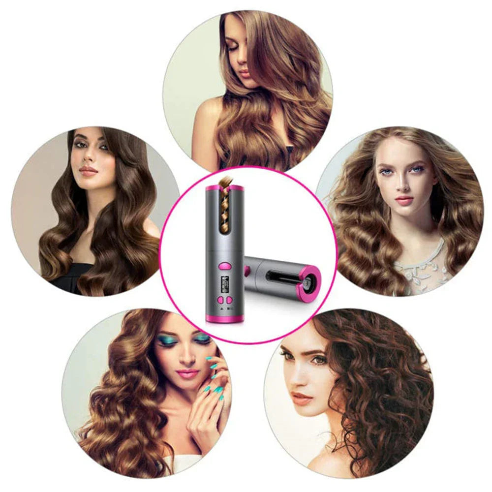 "Arricciacapelli LED per donna, cordless, display digitale e cilindro ceramico, per ricci perfetti e protetti."