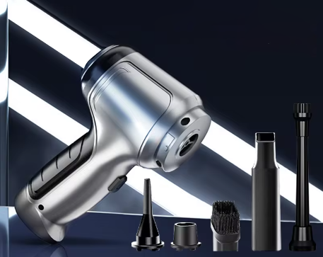 "Aspirapolvere senza fili potente, elegante in argento, leggero per auto e casa, struttura robusta in ABS."