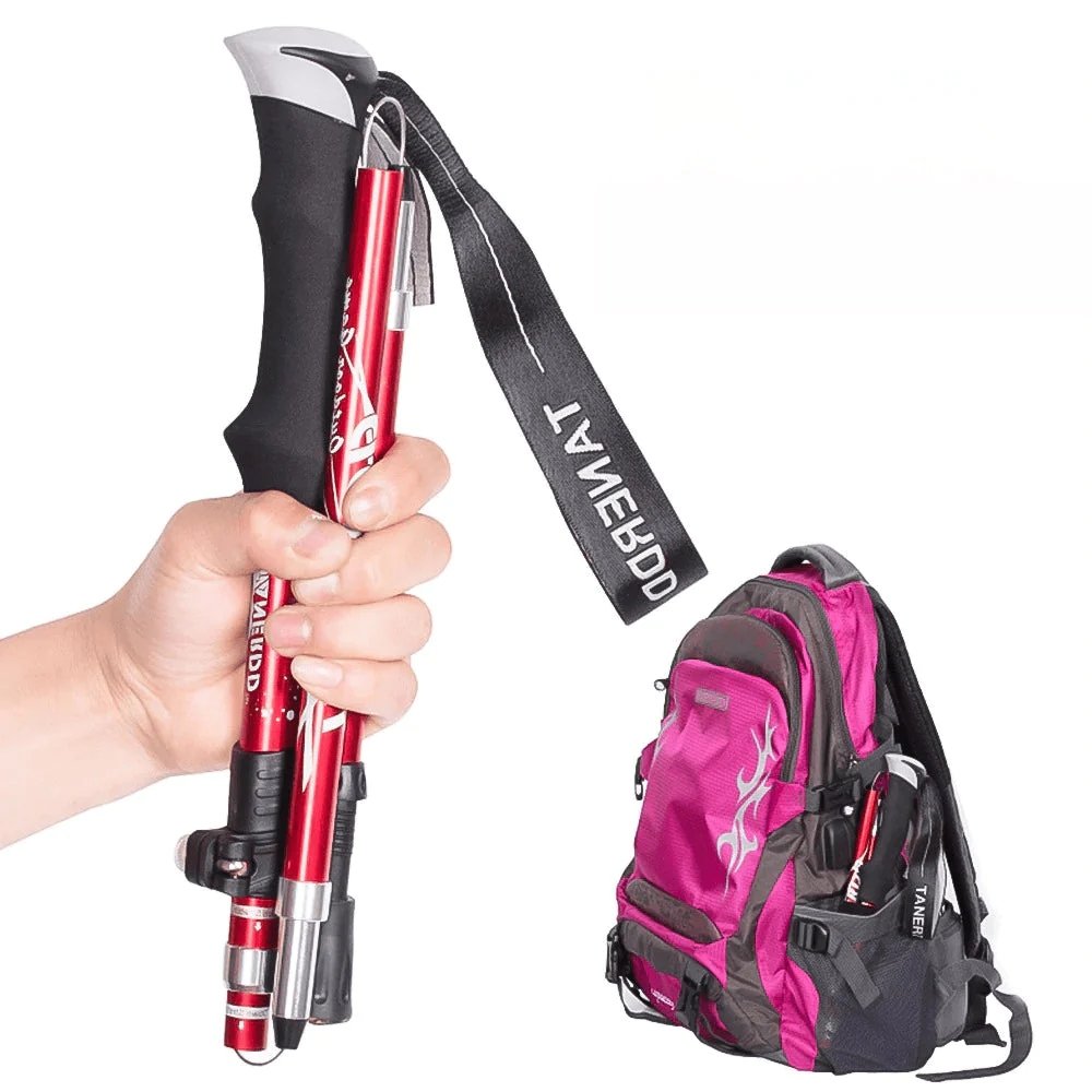 "Bastoncini da trekking pieghevoli leggeri in alluminio, design telescopico, impugnatura ergonomica, ideali per escursioni."
