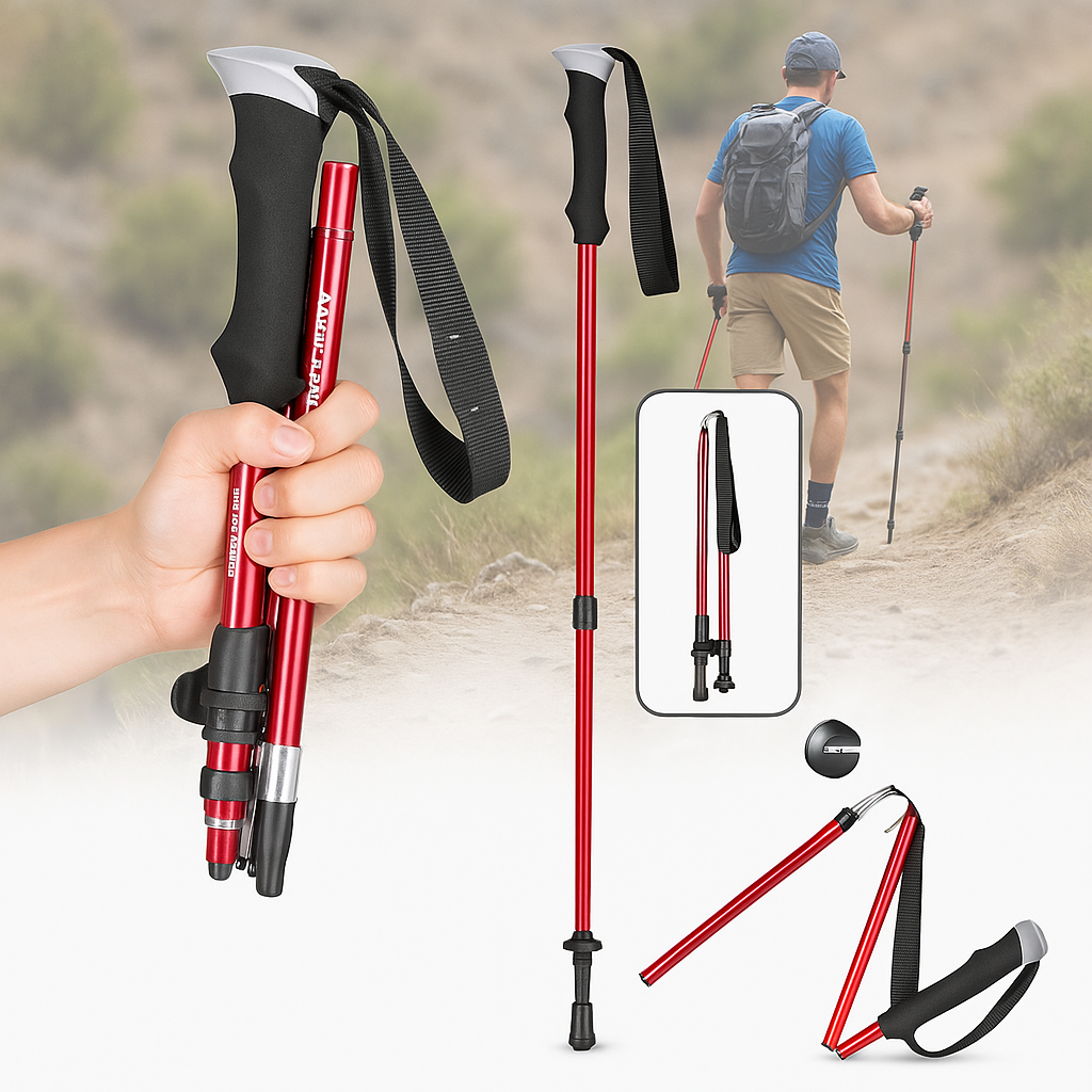 "Bastoncini da trekking pieghevoli leggeri in alluminio, design telescopico, impugnatura ergonomica, ideali per escursioni."