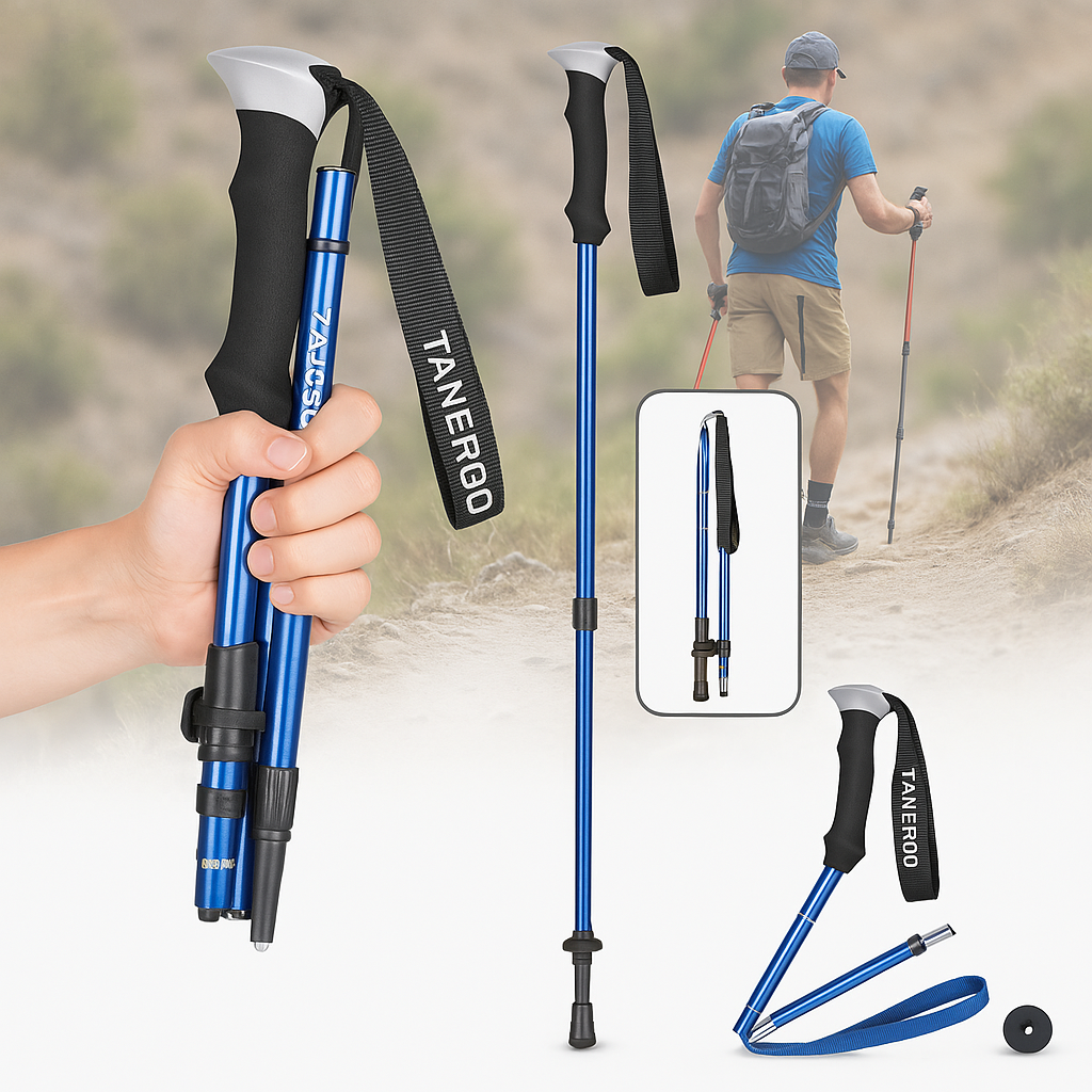 "Bastoncini da trekking pieghevoli leggeri in alluminio, design telescopico, impugnatura ergonomica, ideali per escursioni."