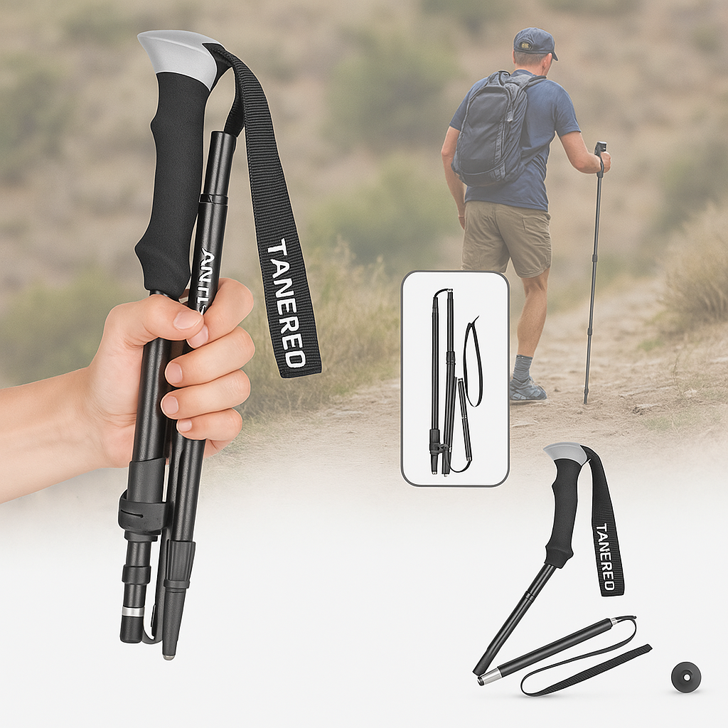 "Bastoncini da trekking pieghevoli leggeri in alluminio, design telescopico, impugnatura ergonomica, ideali per escursioni."