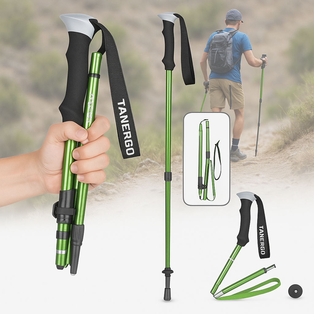 "Bastoncini da trekking pieghevoli leggeri in alluminio, design telescopico, impugnatura ergonomica, ideali per escursioni."