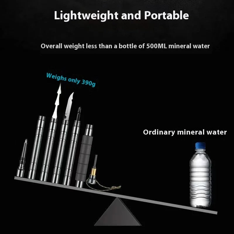 "Bastone trekking multiuso pieghevole con coltello, bussola e accenditore integrati, struttura in alluminio e acciaio robusto