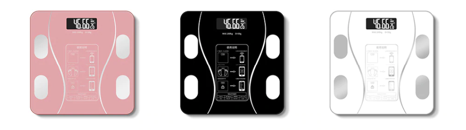 "Bilancia intelligente nero, rosa e bianco. Schermo LED, 4 sensori, design elegante. Monitora massa corporea e salute."