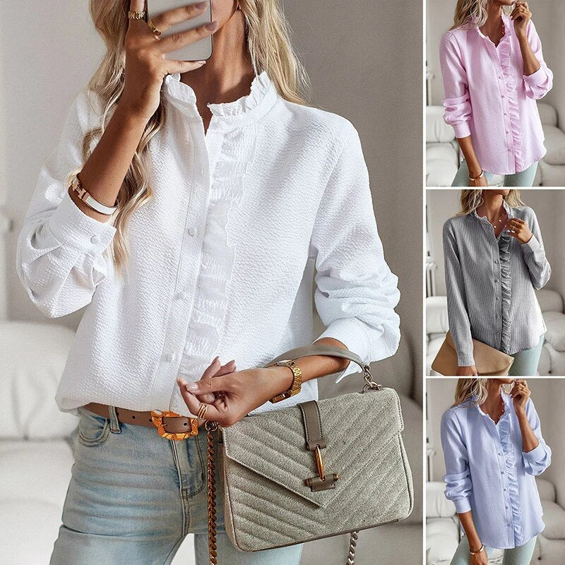 "Blusa donna drappeggiata in cotone con ruches eleganti, stile sofisticato, dettaglio femminile, disponibile in vari colori."
