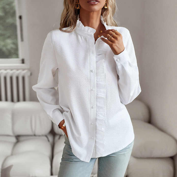 "Blusa donna drappeggiata in cotone con ruches eleganti, stile sofisticato, dettaglio femminile, disponibile in vari colori."