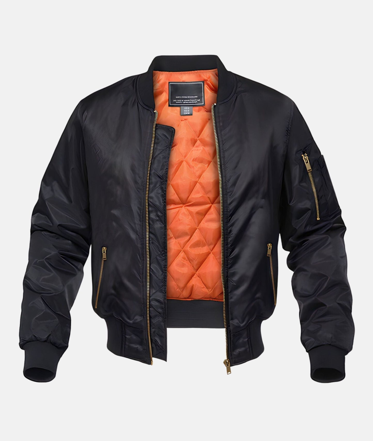 "Bomber da pilota Luxe uomo in nero, verde, blu frontale con polsini e cerniere, stile militare elegante."