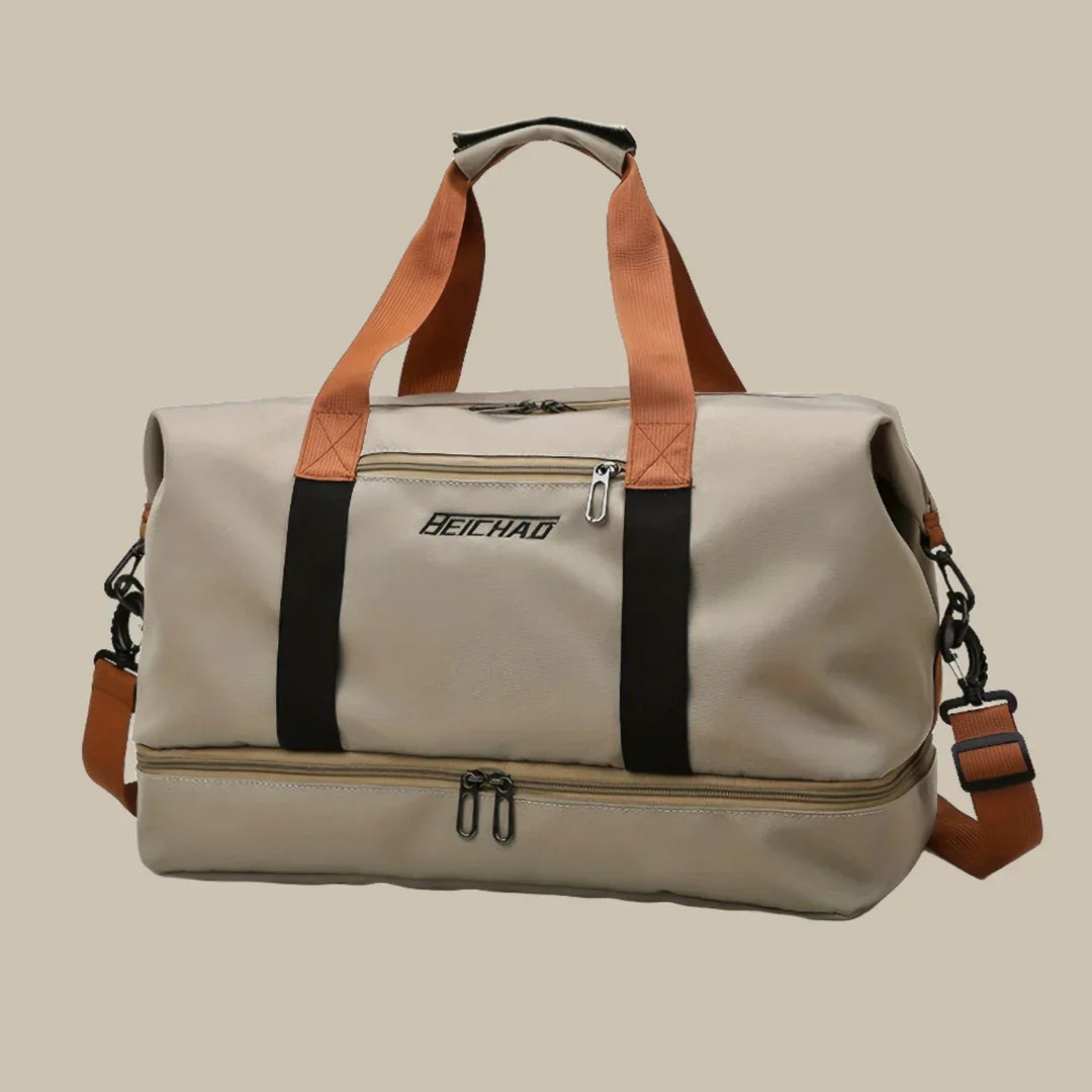 "Borsa arancione uomo elegante e spaziosa, ideale per viaggi, con manici robusti e tessuto di alta qualità."