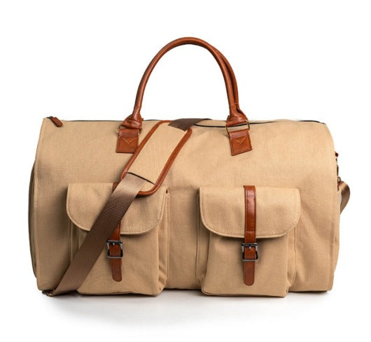 "Borsa da viaggio unisex in pelle o tela impermeabile, elegante e multifunzionale, con scomparti e tasca laterale."