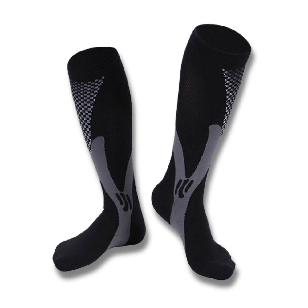 "Calzini a compressione unisex blu e nero, tessuto traspirante, ideali per sport e viaggi, migliorano circolazione e comfort.