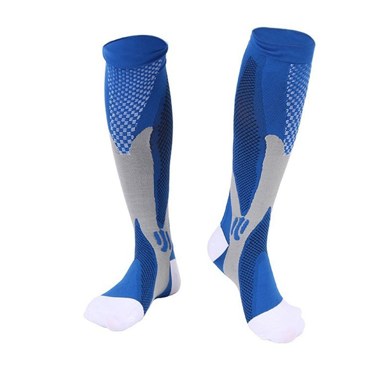 "Calzini a compressione unisex blu e nero, tessuto traspirante, ideali per sport e viaggi, migliorano circolazione e comfort.