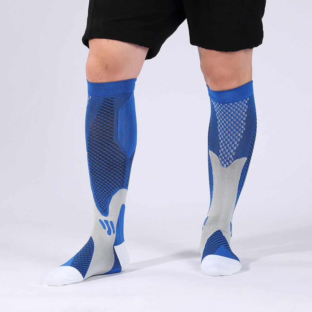 "Calzini a compressione unisex blu e nero, tessuto traspirante, ideali per sport e viaggi, migliorano circolazione e comfort.