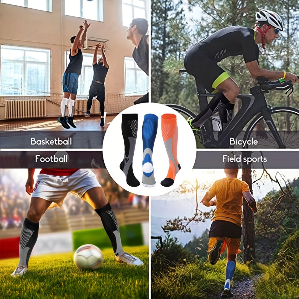 "Calzini a compressione unisex blu e nero, tessuto traspirante, ideali per sport e viaggi, migliorano circolazione e comfort.