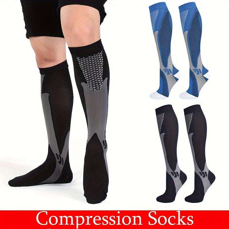 "Calzini a compressione unisex blu e nero, tessuto traspirante, ideali per sport e viaggi, migliorano circolazione e comfort.