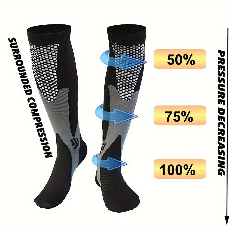 "Calzini a compressione unisex blu e nero, tessuto traspirante, ideali per sport e viaggi, migliorano circolazione e comfort.
