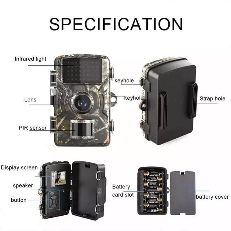 "Camera per fauna selvatica, visione notturna, foto e video HD, design robusto, mimetico, impermeabile, LED infrarossi invisi