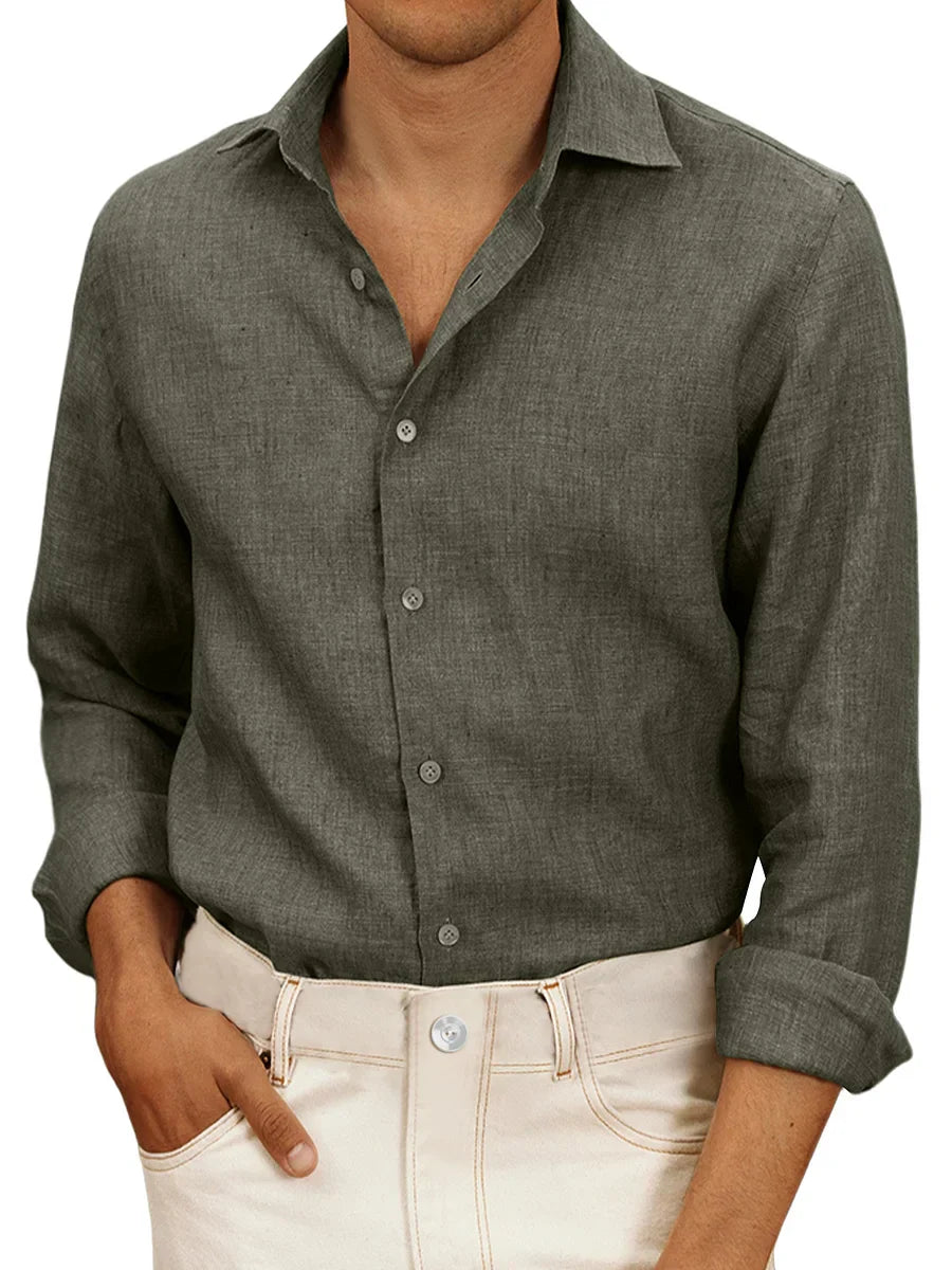 Camicia da uomo in lino bianco, leggera, a maniche lunghe, ideale per estate. Design classico, elegante e traspirante.