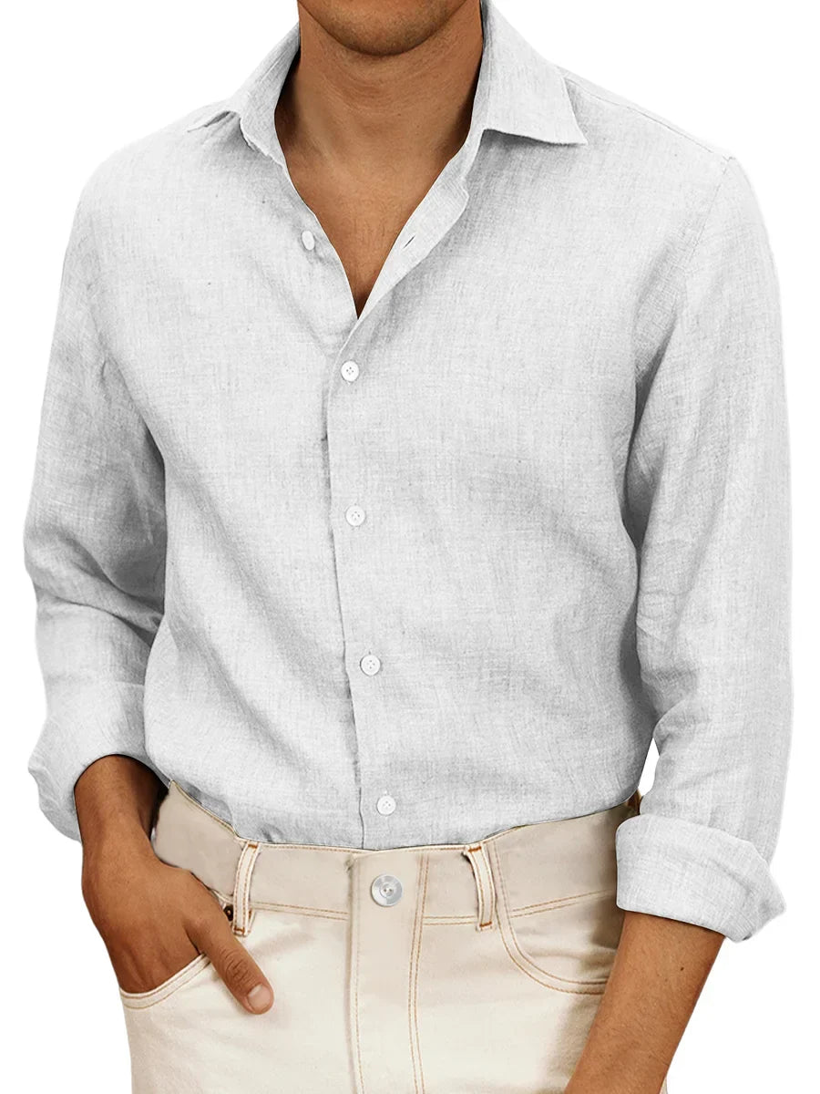 Camicia da uomo in lino bianco, leggera, a maniche lunghe, ideale per estate. Design classico, elegante e traspirante.