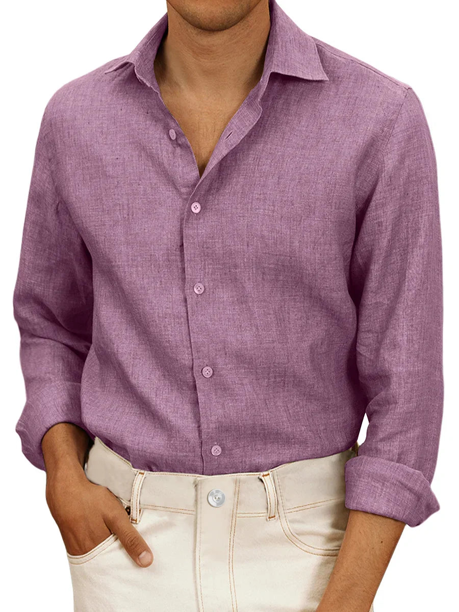 Camicia da uomo in lino bianco, leggera, a maniche lunghe, ideale per estate. Design classico, elegante e traspirante.