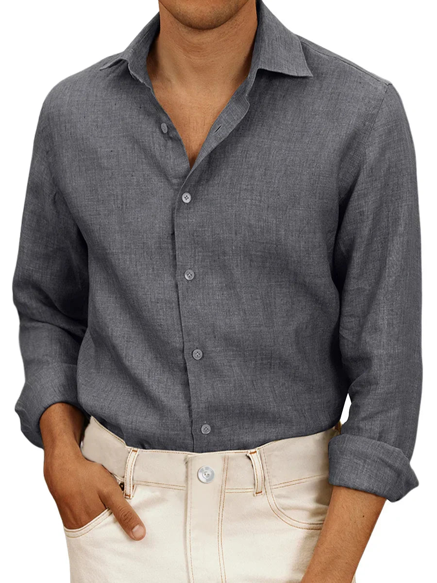 Camicia da uomo in lino bianco, leggera, a maniche lunghe, ideale per estate. Design classico, elegante e traspirante.