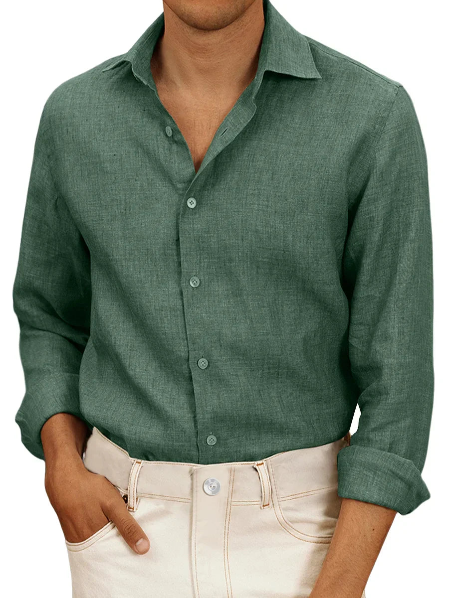 Camicia da uomo in lino bianco, leggera, a maniche lunghe, ideale per estate. Design classico, elegante e traspirante.