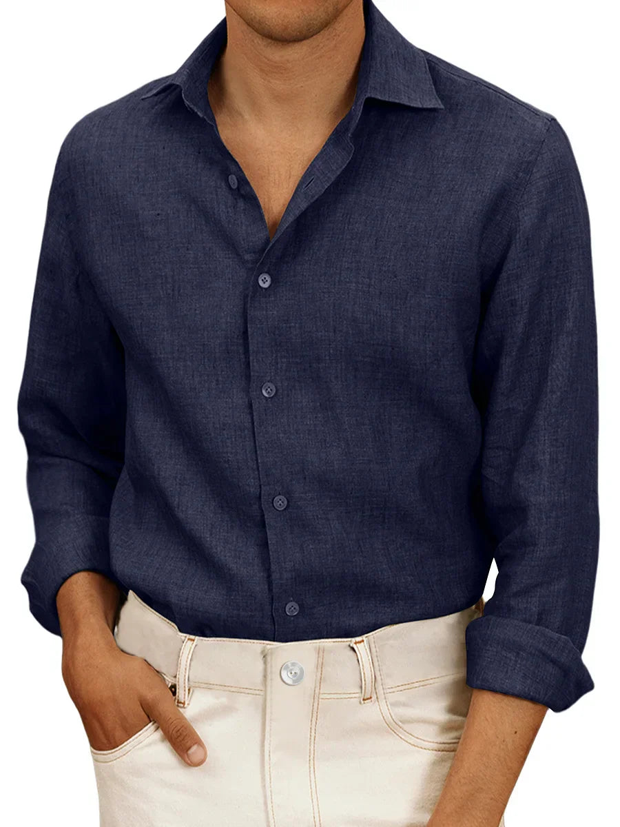 Camicia da uomo in lino bianco, leggera, a maniche lunghe, ideale per estate. Design classico, elegante e traspirante.