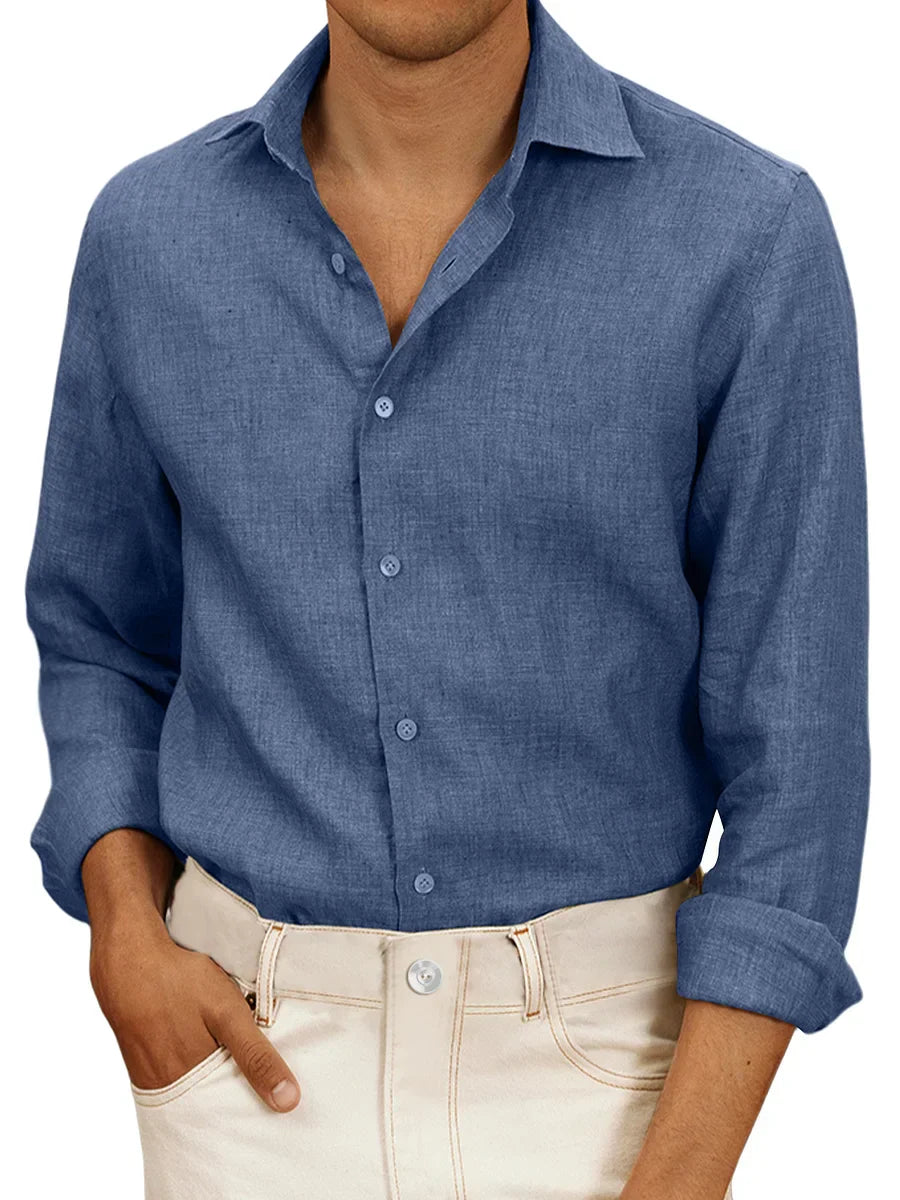 Camicia da uomo in lino bianco, leggera, a maniche lunghe, ideale per estate. Design classico, elegante e traspirante.