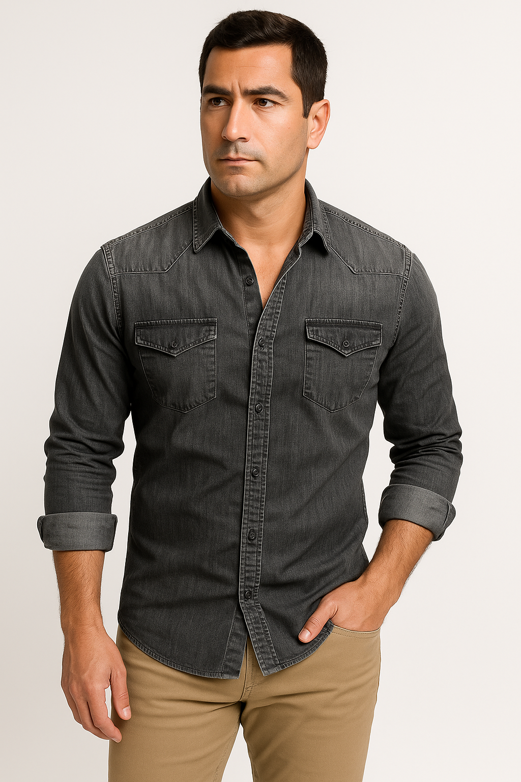 "Camicia uomo denim blu fronte, design classico elegante, ideale per look casual intramontabile, materiale resistente."