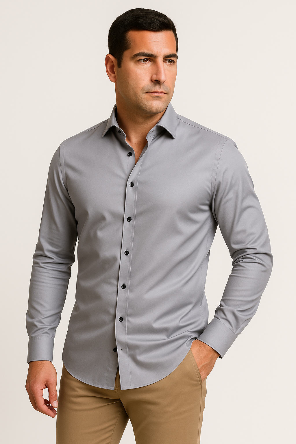 Camicia uomo slim fit bianca, vista frontale, tessuto traspirante, elegante e versatile per occasioni formali e casual.