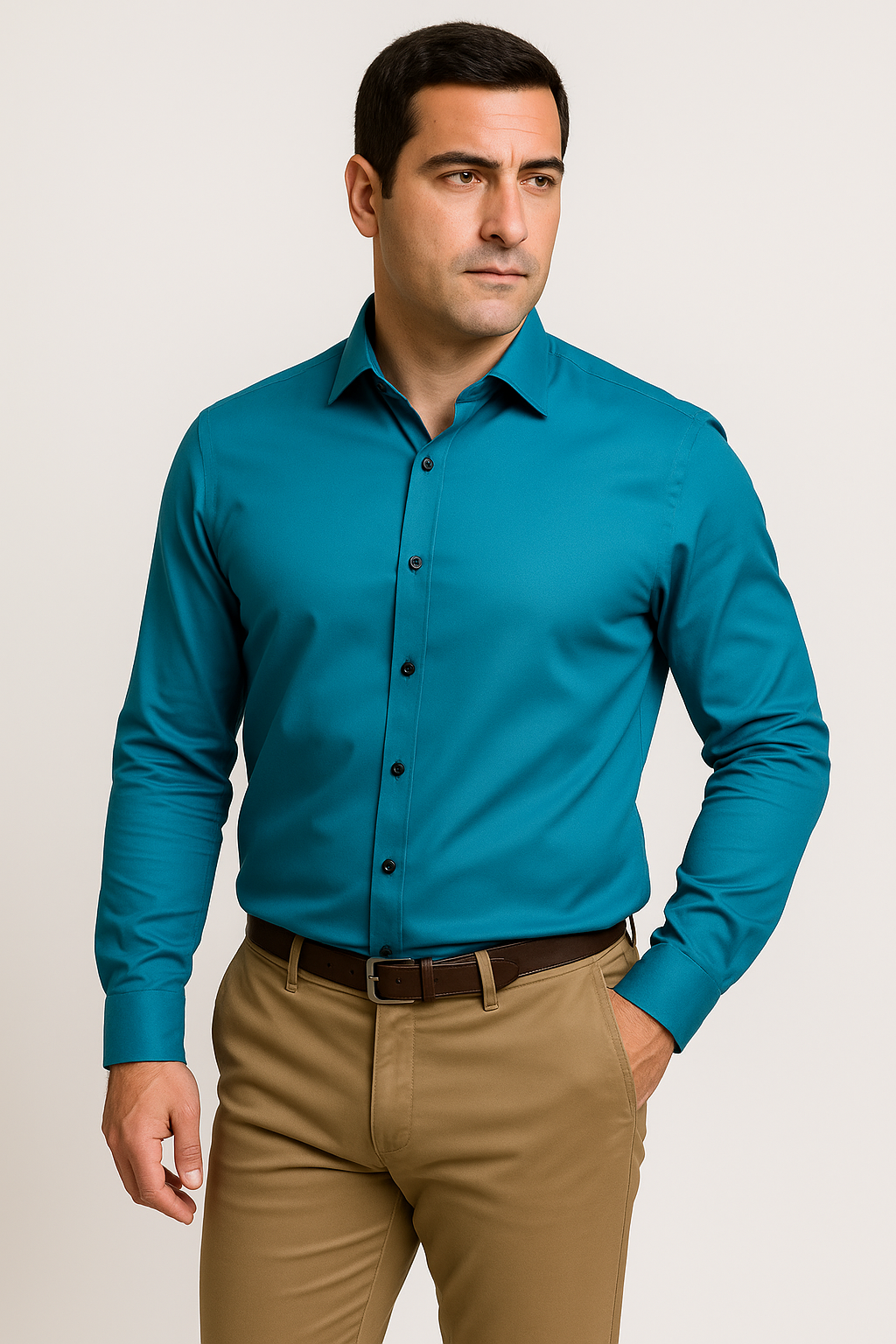 Camicia uomo slim fit bianca, vista frontale, tessuto traspirante, elegante e versatile per occasioni formali e casual.