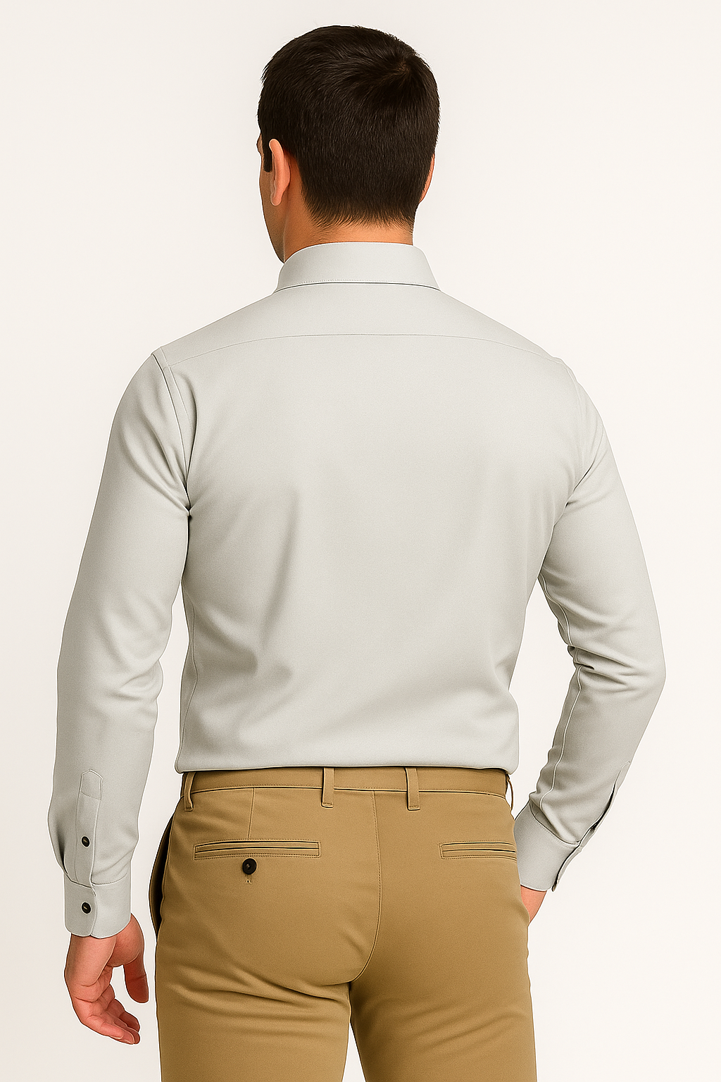 Camicia uomo slim fit bianca, vista frontale, tessuto traspirante, elegante e versatile per occasioni formali e casual.