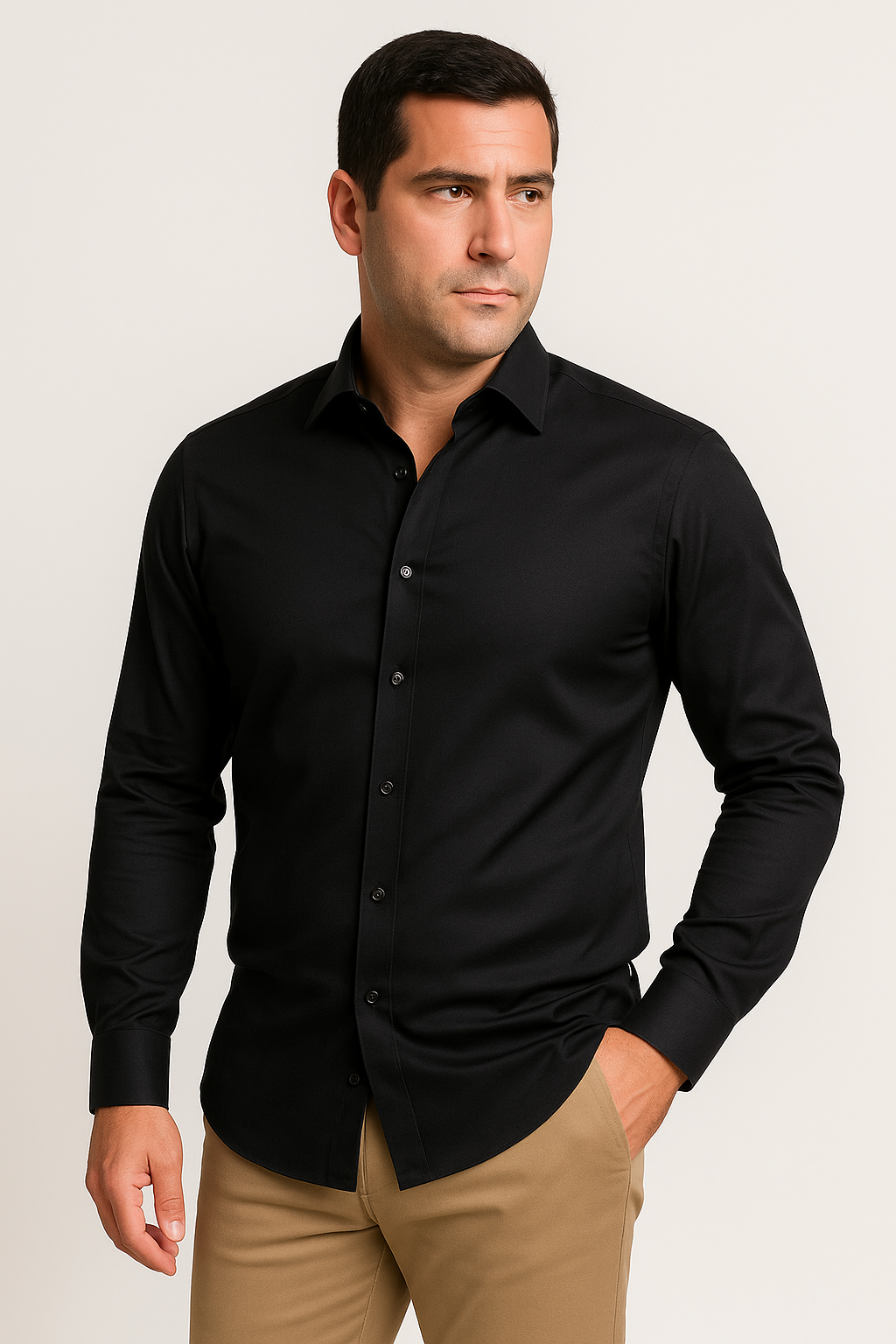 Camicia uomo slim fit bianca, vista frontale, tessuto traspirante, elegante e versatile per occasioni formali e casual.