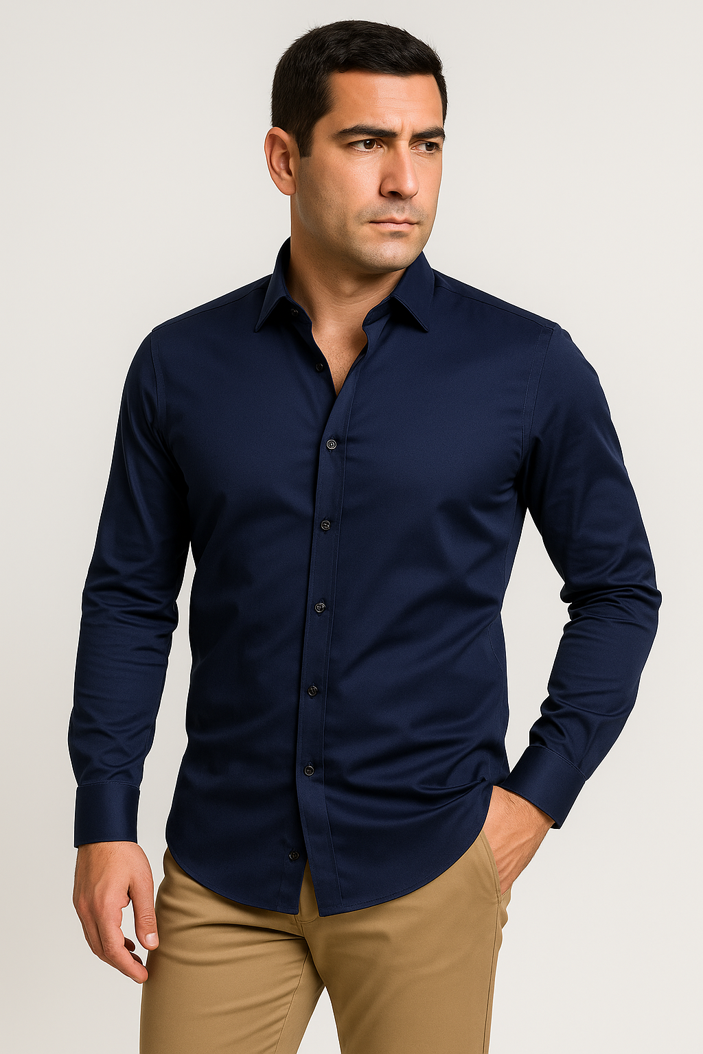 Camicia uomo slim fit bianca, vista frontale, tessuto traspirante, elegante e versatile per occasioni formali e casual.