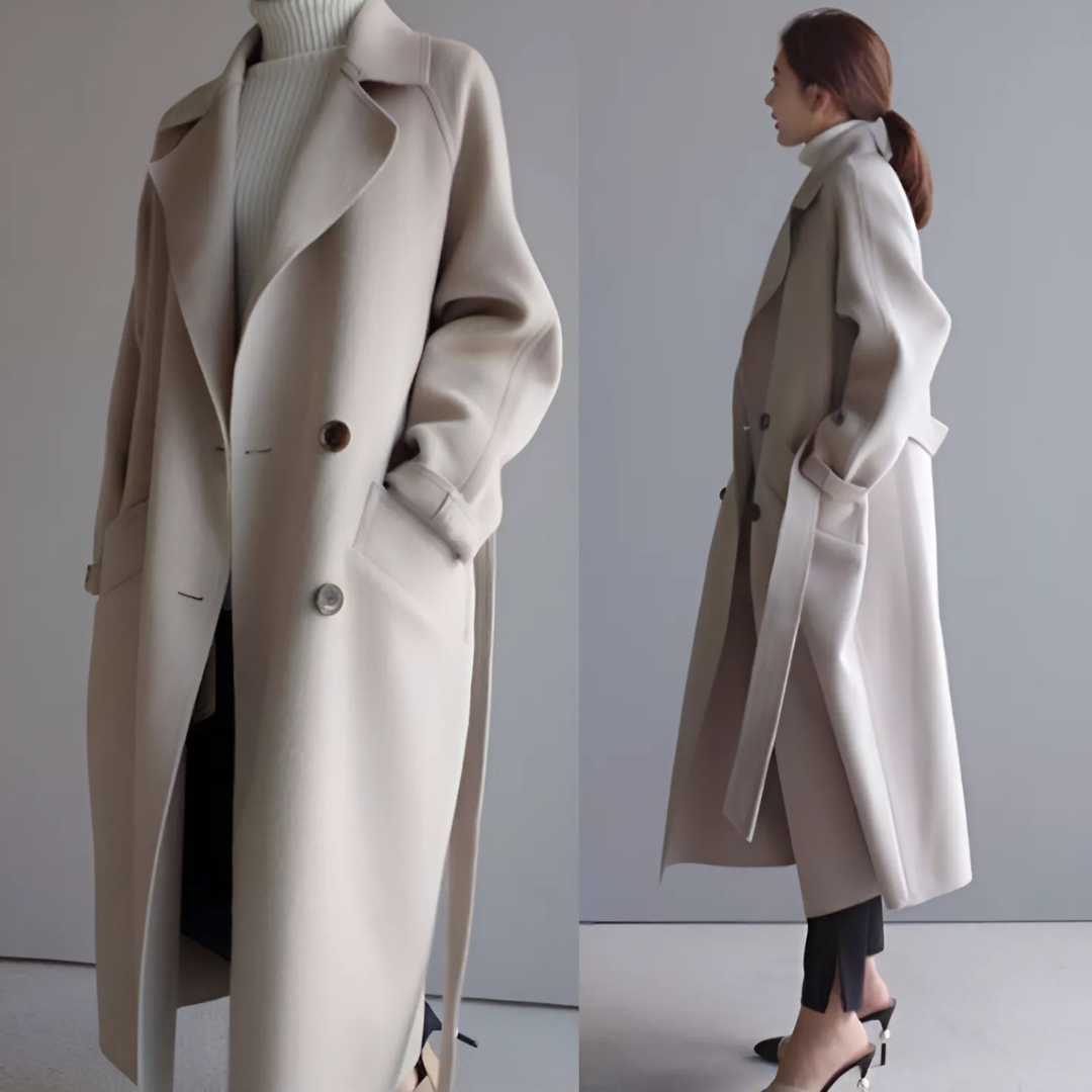 Cappotto classico donna in lana morbida, elegante e caldo, ideale per l'autunno/inverno, con fodera setosa e design senza tem