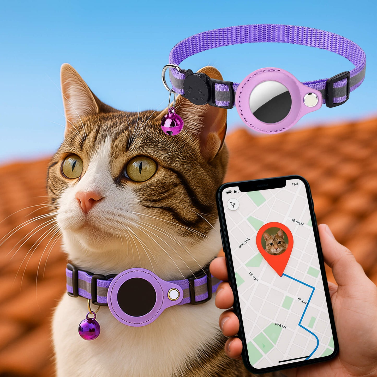 "Collare GPS riflettente per gatti con chiusura rapida, colori vivaci, design leggero per sicurezza e visibilità notturna."