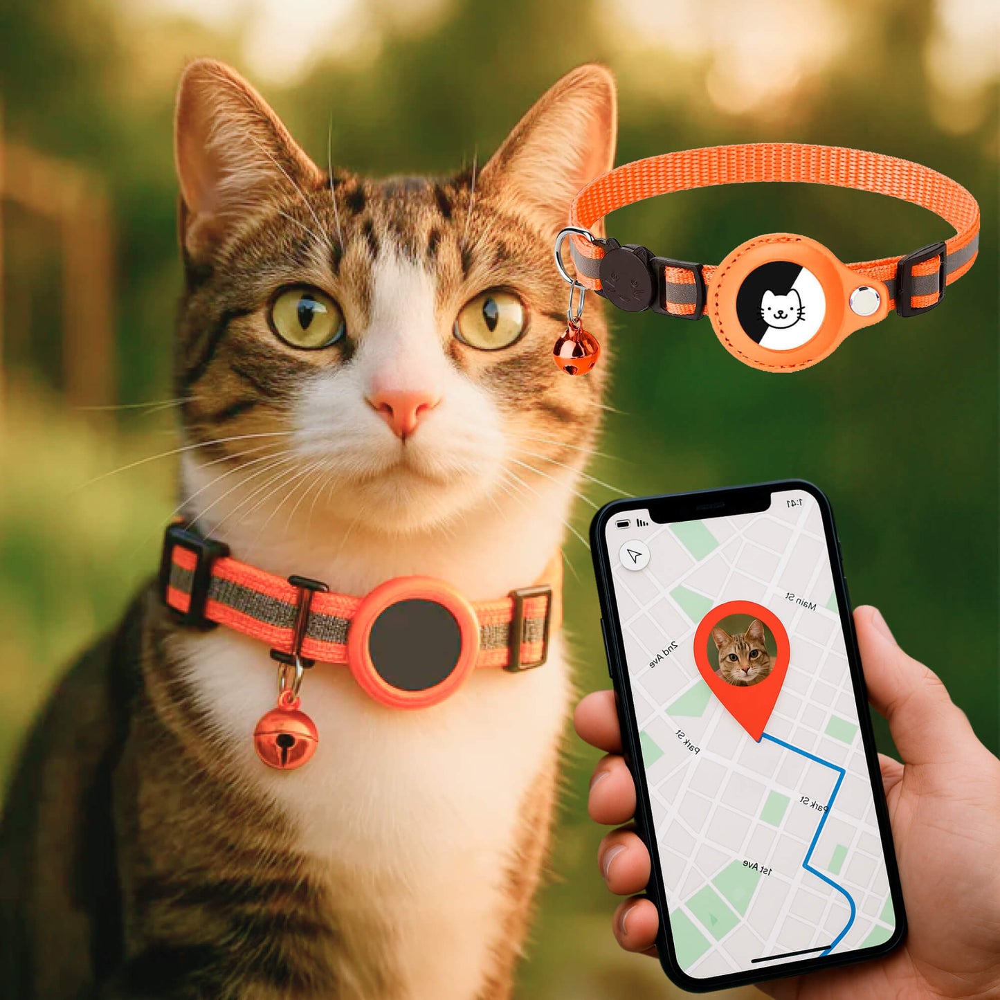 "Collare GPS riflettente per gatti con chiusura rapida, colori vivaci, design leggero per sicurezza e visibilità notturna."