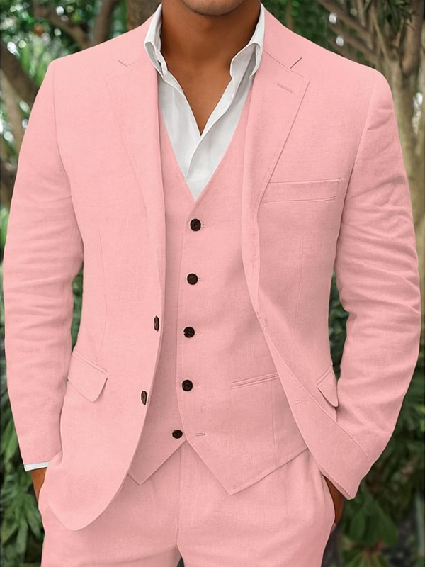 "Completo elegante uomo in lino, tre pezzi, blazer, gilet e pantaloni per occasioni speciali, tessuto leggero, tonalità neutr