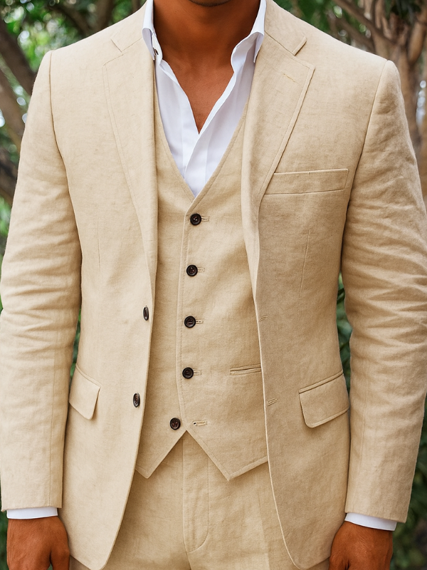 "Completo elegante uomo in lino, tre pezzi, blazer, gilet e pantaloni per occasioni speciali, tessuto leggero, tonalità neutr