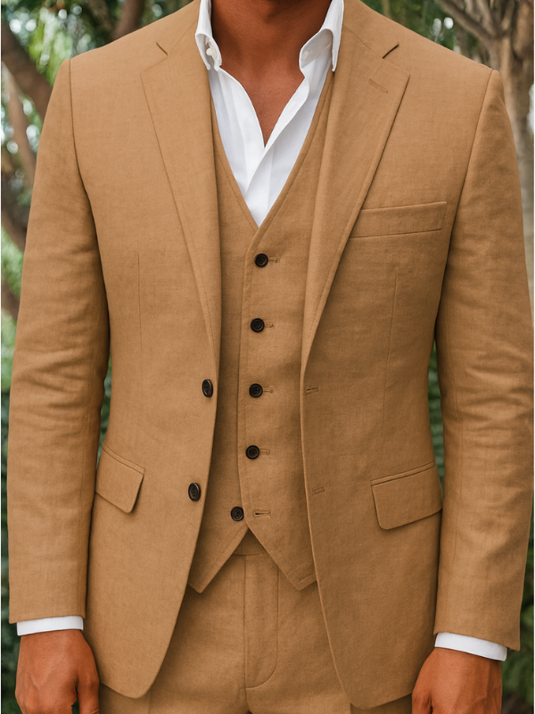 "Completo elegante uomo in lino, tre pezzi, blazer, gilet e pantaloni per occasioni speciali, tessuto leggero, tonalità neutr