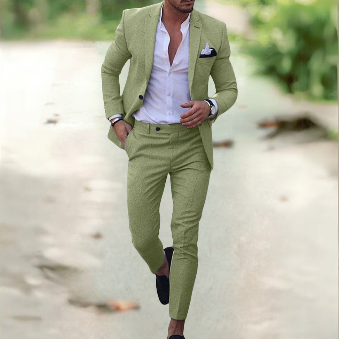 "Completo Uomo Elegante Simone, giacca e pantaloni in tessuto traspirante, vari colori classici: azzurro, beige, verde"