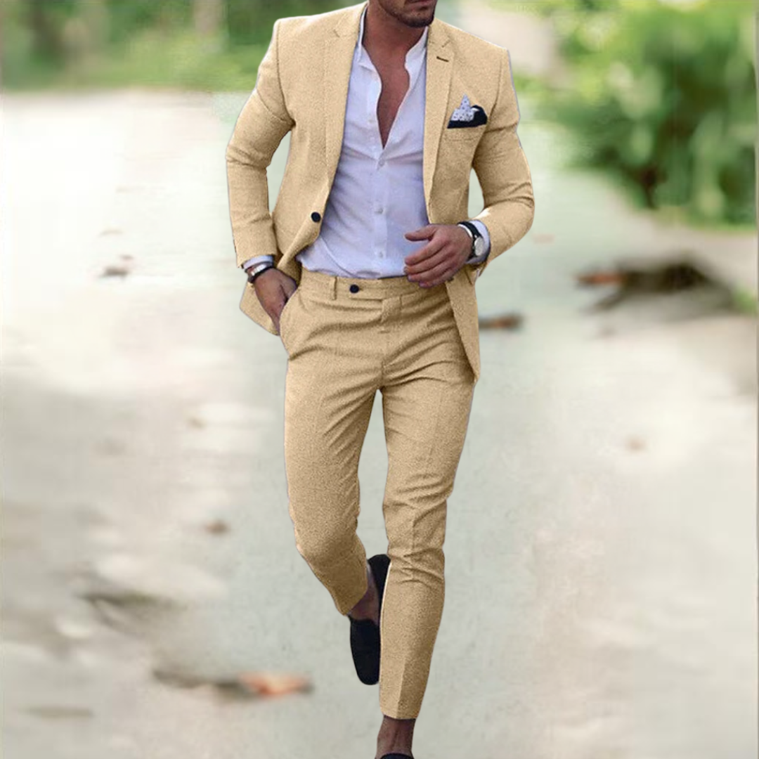 "Completo Uomo Elegante Simone, giacca e pantaloni in tessuto traspirante, vari colori classici: azzurro, beige, verde"