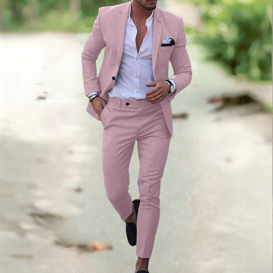 "Completo Uomo Elegante Simone, giacca e pantaloni in tessuto traspirante, vari colori classici: azzurro, beige, verde"