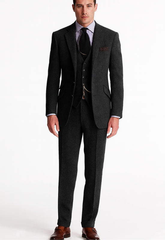 "Completo uomo elegante tre pezzi in tweed marrone tabacco, giacca monopetto, gilet abbottonato e pantaloni affusolati."