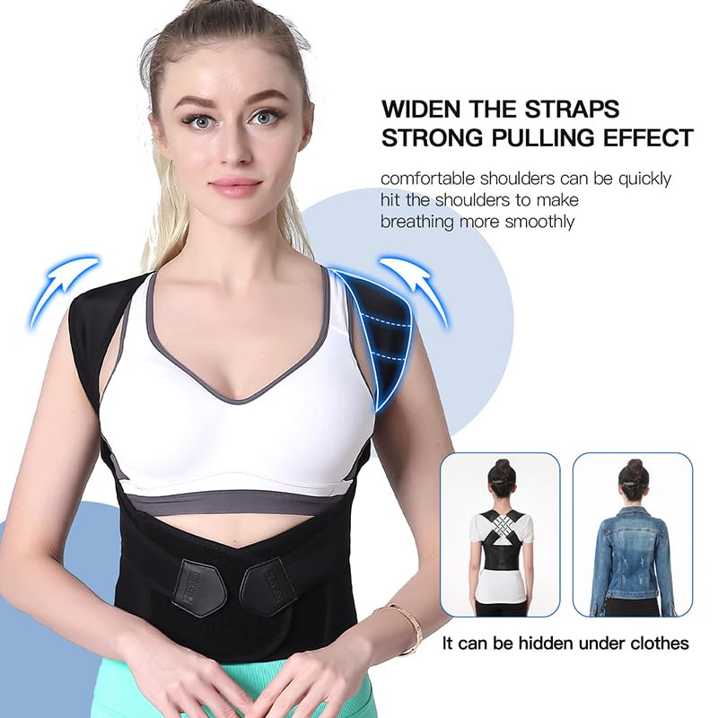 Correttore posturale regolabile nero, design ergonomico e traspirante, con spallacci per supporto dorsale ottimale.