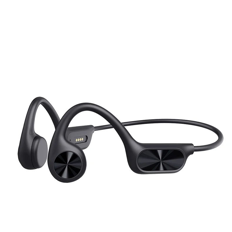 Cuffie a conduzione ossea nere, impermeabili, con Bluetooth 5.4 e MP3 da 32 GB, ideali per nuoto e sport acquatici.